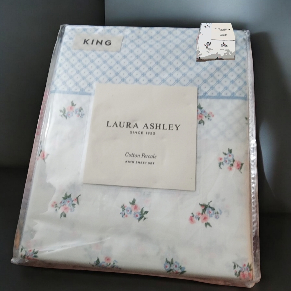 Laura Ashley Floral Cotton Percale King Sheet Set - White 200 TC NEW